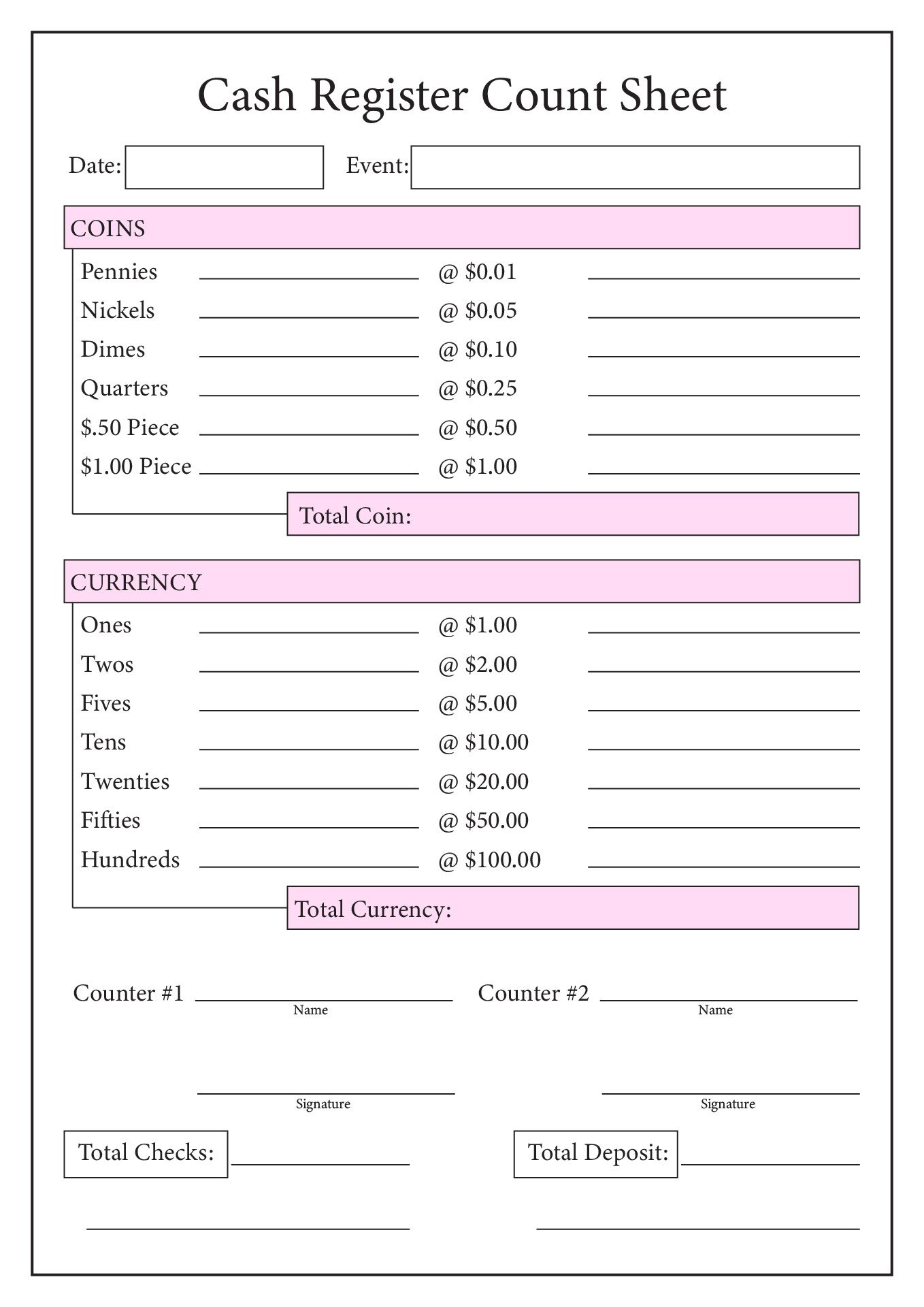 19 Cash Count Worksheet for Free Printable Cash Drawer Count Sheet