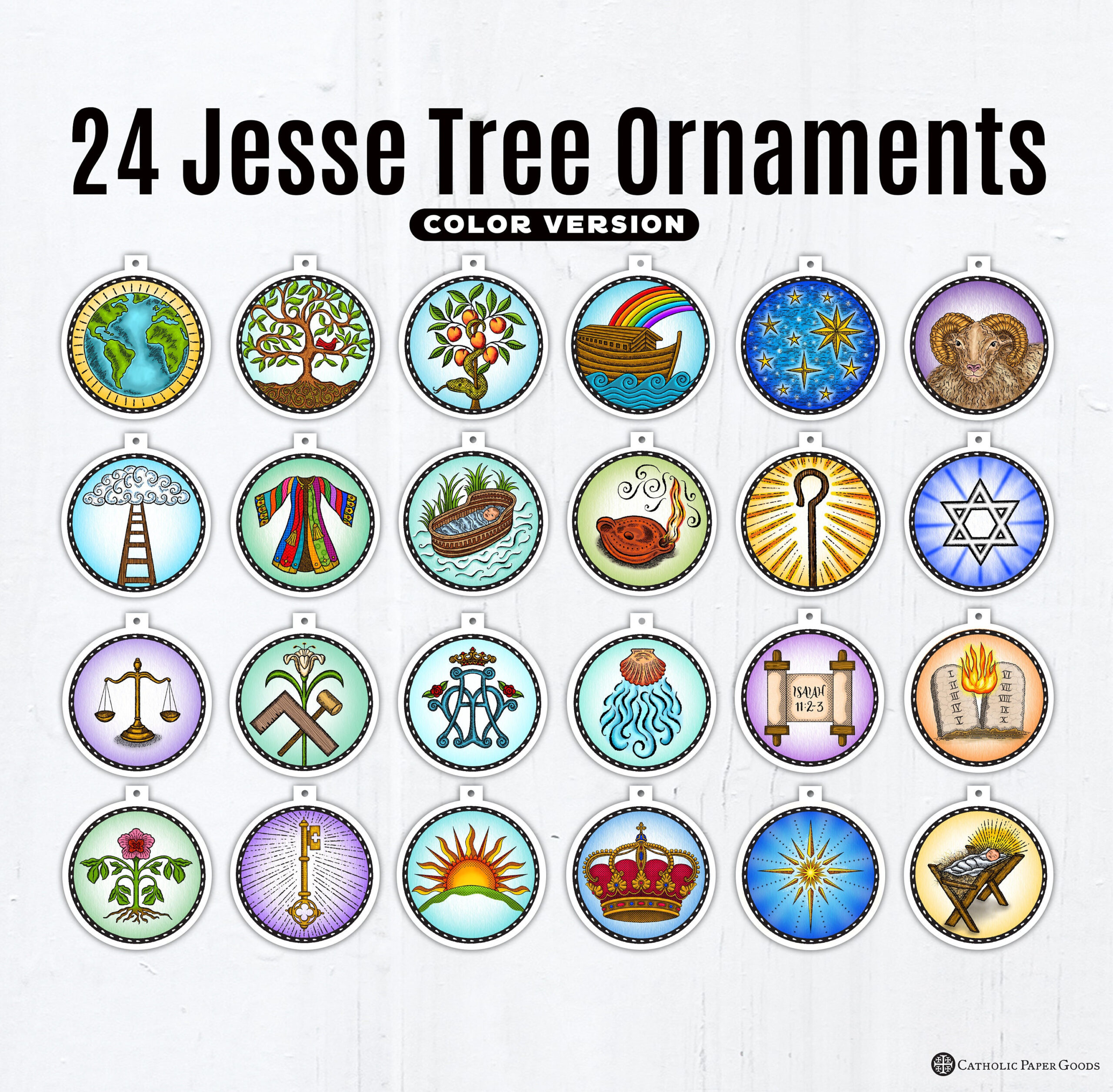 24 Jesse Tree Printable Color Ornaments Pdf, Full Color Ornaments regarding Free Jesse Tree Printable Ornaments