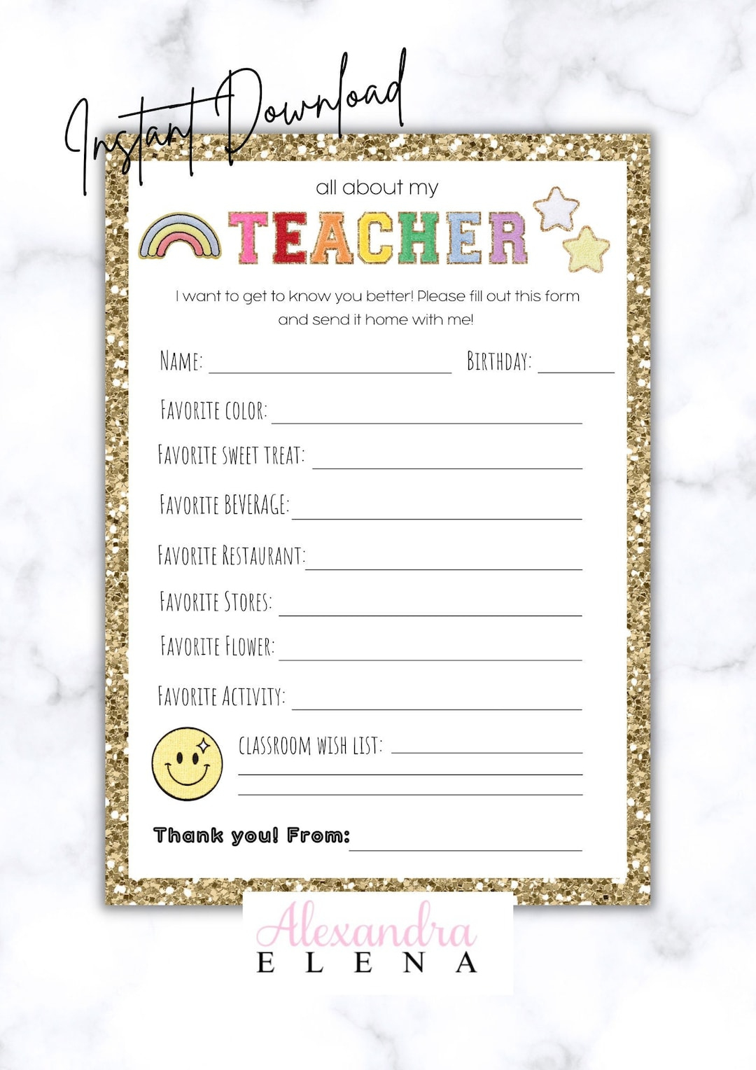 All About My Teacher Questionnaire For Teachers Glitter Varsity within Getting To Know My Teacher Printable
