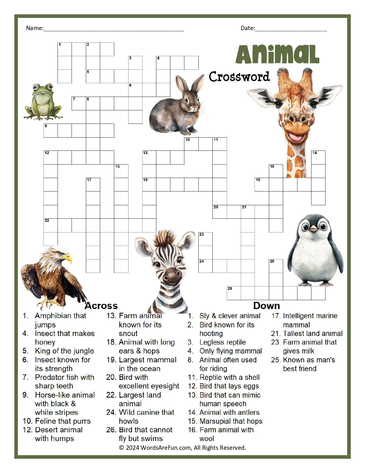 Animal Crossword Puzzle pertaining to Animal Crosswords Printable
