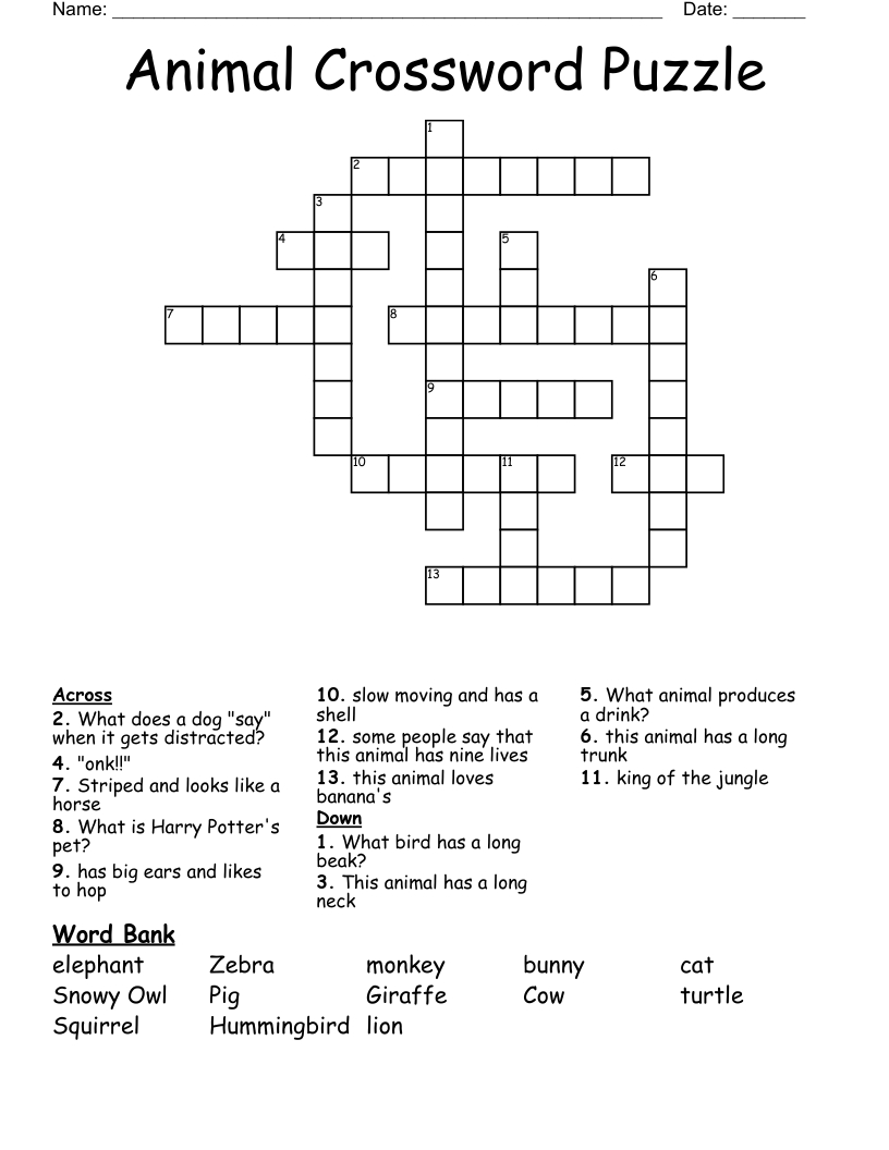 Animal Crossword Puzzle - Wordmint intended for Animal Crosswords Printable
