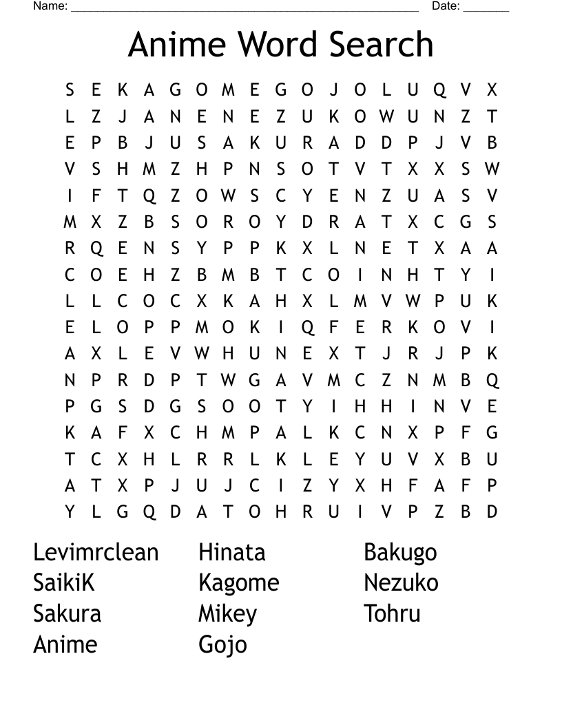 Anime Word Search - Wordmint for Anime Word Search Printable