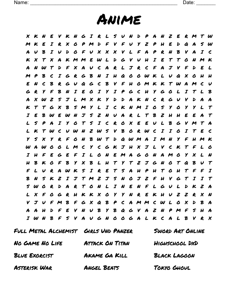 Anime Word Search - Wordmint in Anime Word Search Printable