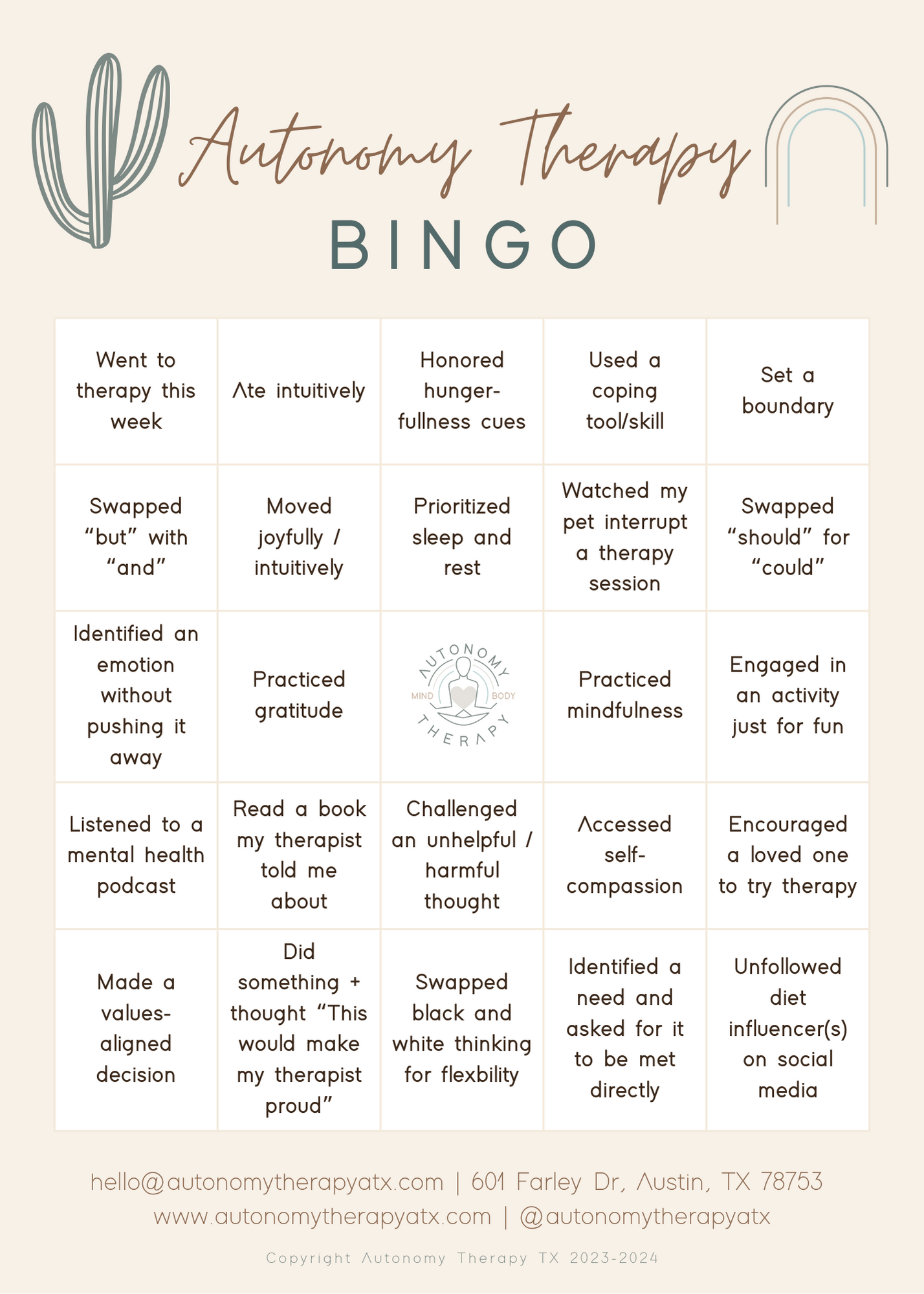 Autonomy Therapy Resources | Bingo Card + Essential Reads with regard to Mental Illness Bingo Card