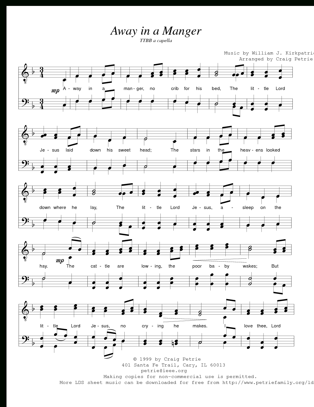 Away In A Manger (By Craig Petrie -- Ttbb) throughout Free Printable Away In A Manger Piano Sheet Music