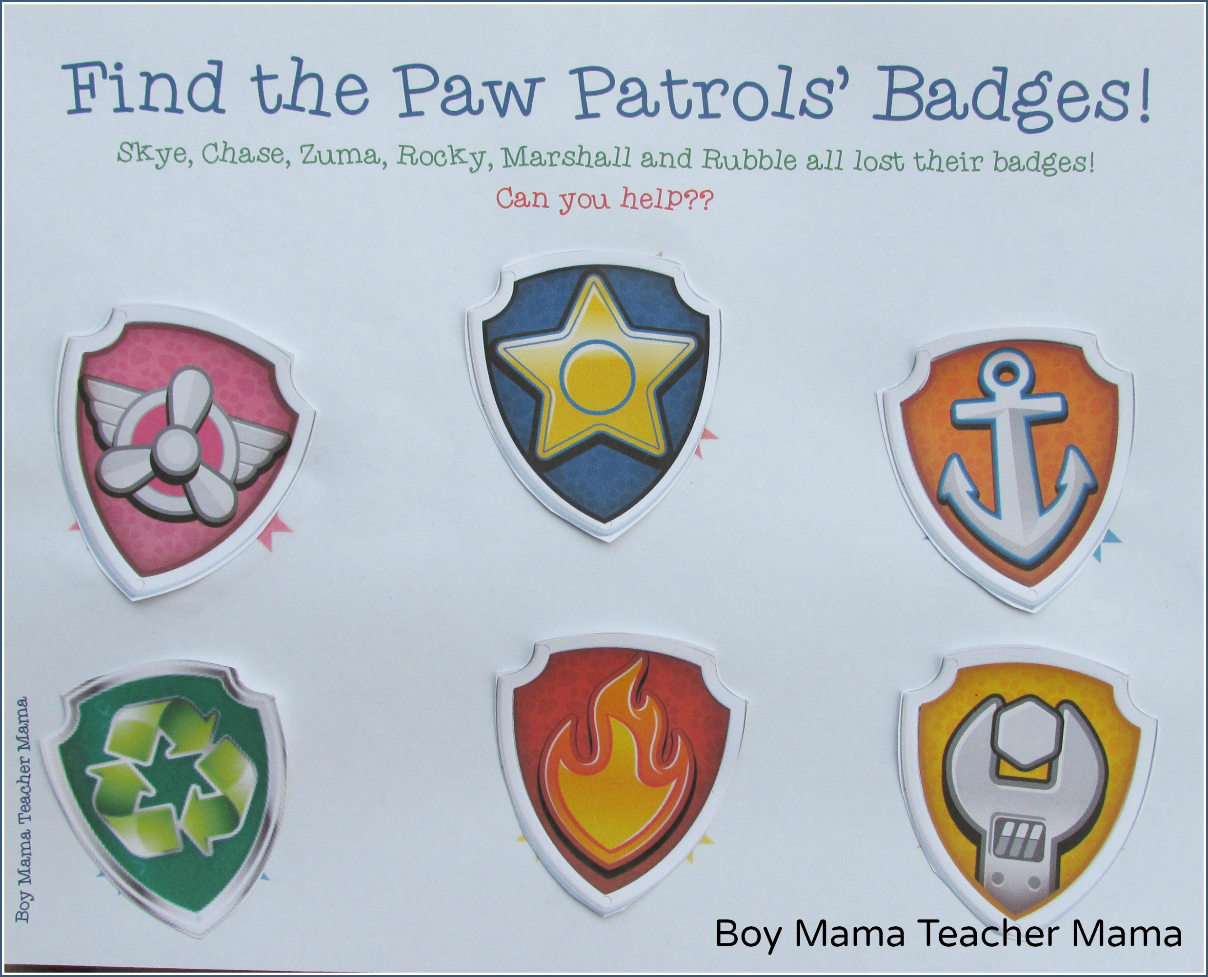Boy Mama: Free Paw Patrol Find The Badge Printable Game - Boy Mama throughout Free Printable Paw Patrol Badge Template