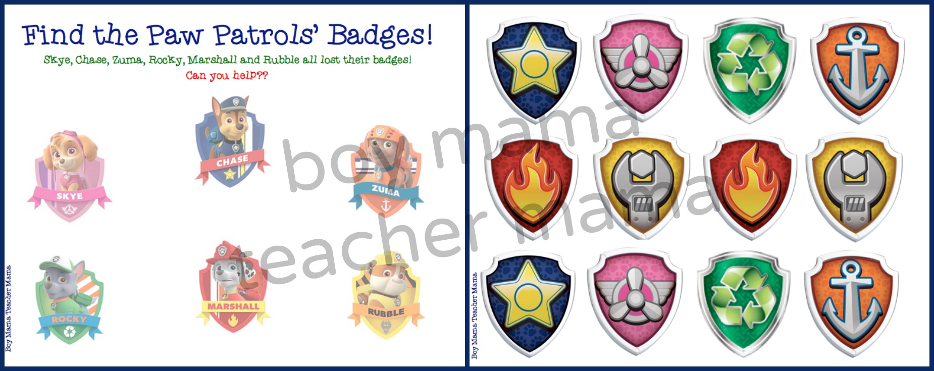 Boy Mama: Free Paw Patrol Find The Badge Printable Game - Boy Mama throughout Free Printable Paw Patrol Badge Template