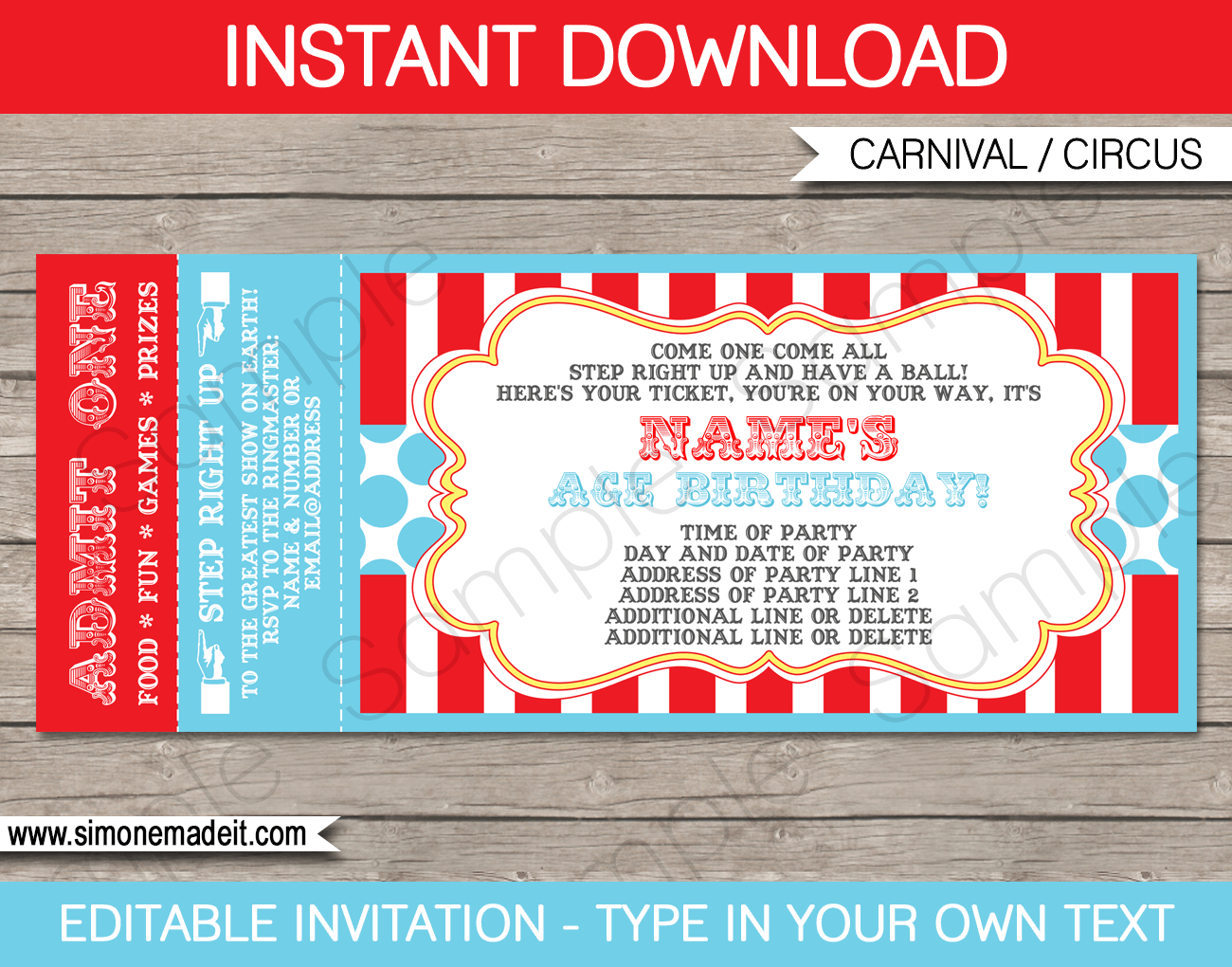 Circus Ticket Invitation Template - Red/Aqua inside Free Printable Circus Invitation Template