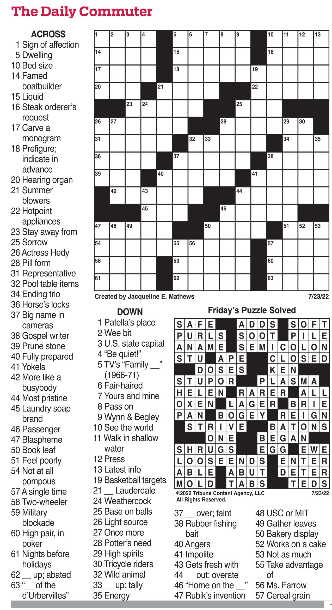 Commuter Daily Crossword - Puzzles - The Mercury News with regard to Daily Fill in Puzzles Printable