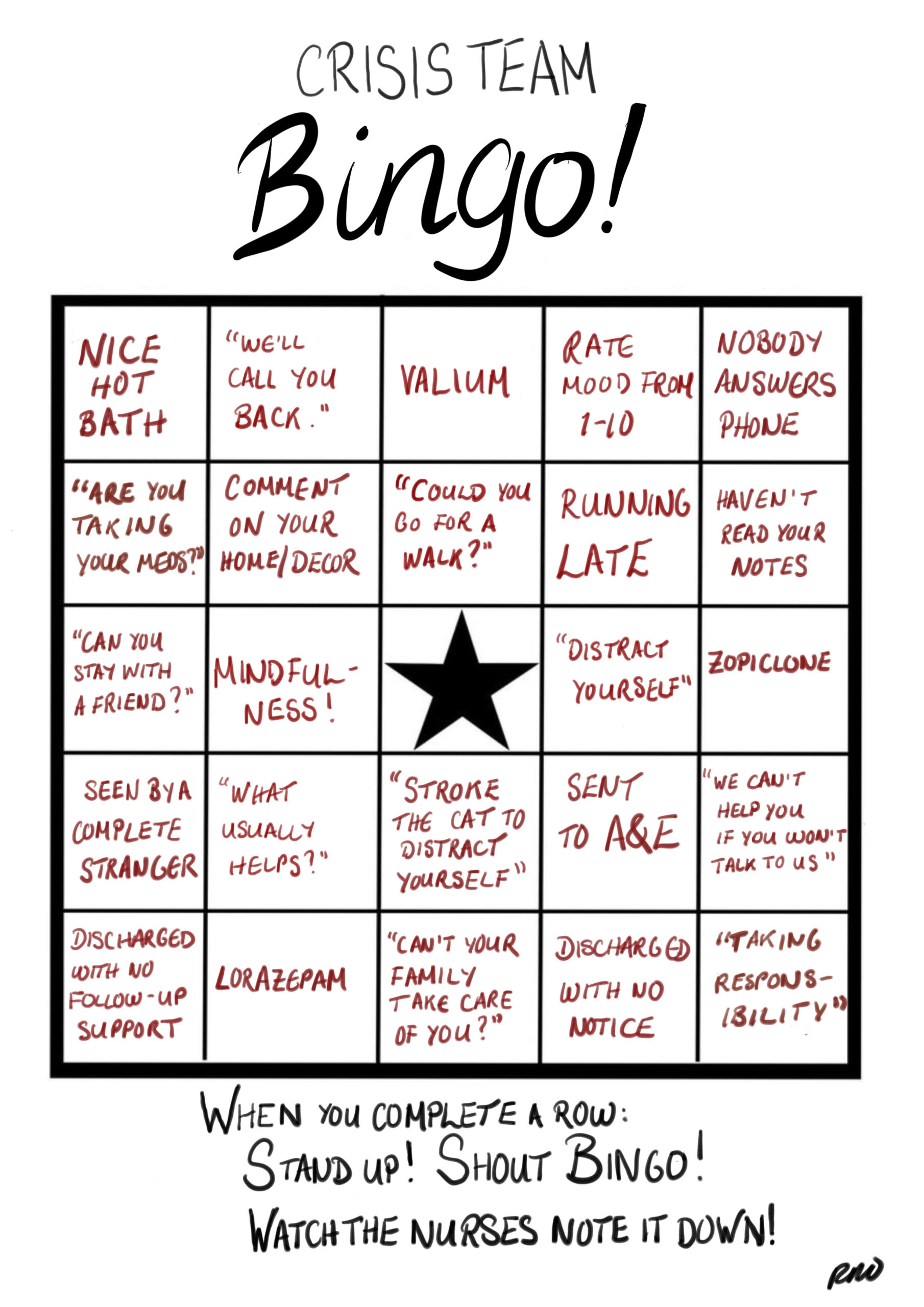 Crisis Team Bingo Card - National Elf Service in Mental Illness Bingo Card
