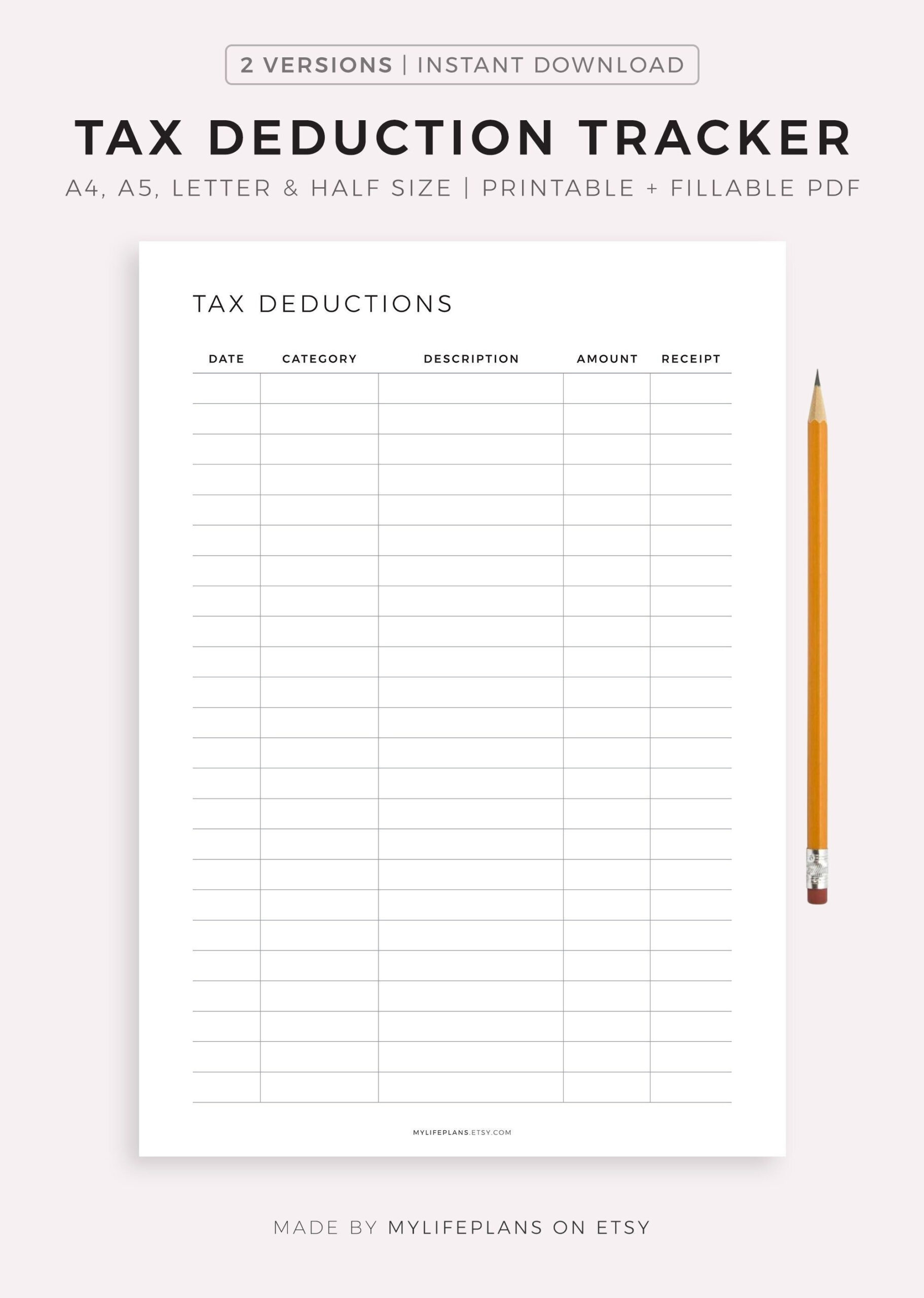Deduction Printable - Etsy.de with regard to Printable Self Employed Tax Deductions Worksheet