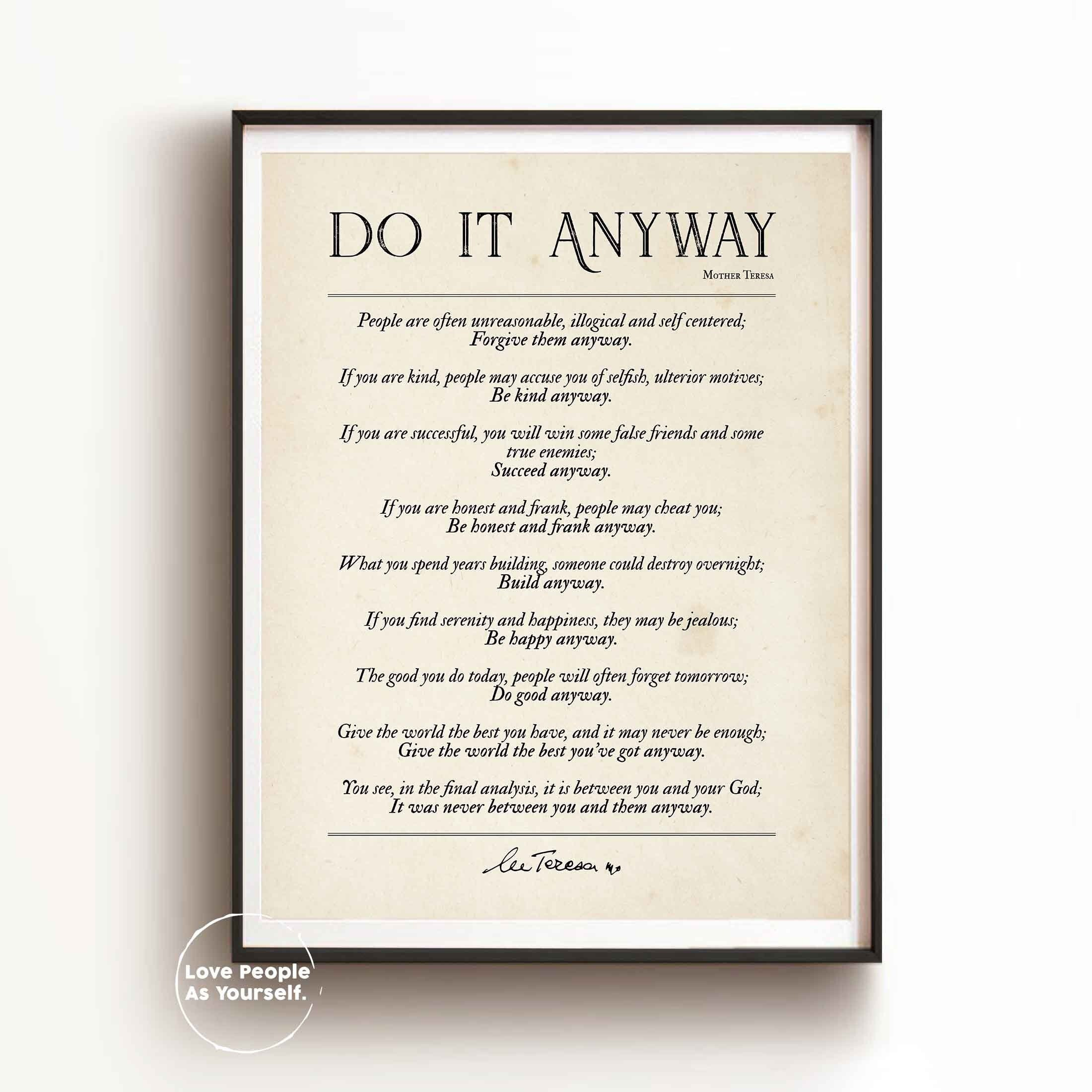 Do It Anyway Poem, Mother Teresa Quote Print, Be Kind Anyway regarding Mother Teresa Quotes Do It Anyway Printable