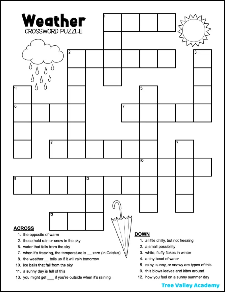 Easy Weather Crossword - Tree Valley Academy within Free Printable Crossword Puzzles For 2nd Graders