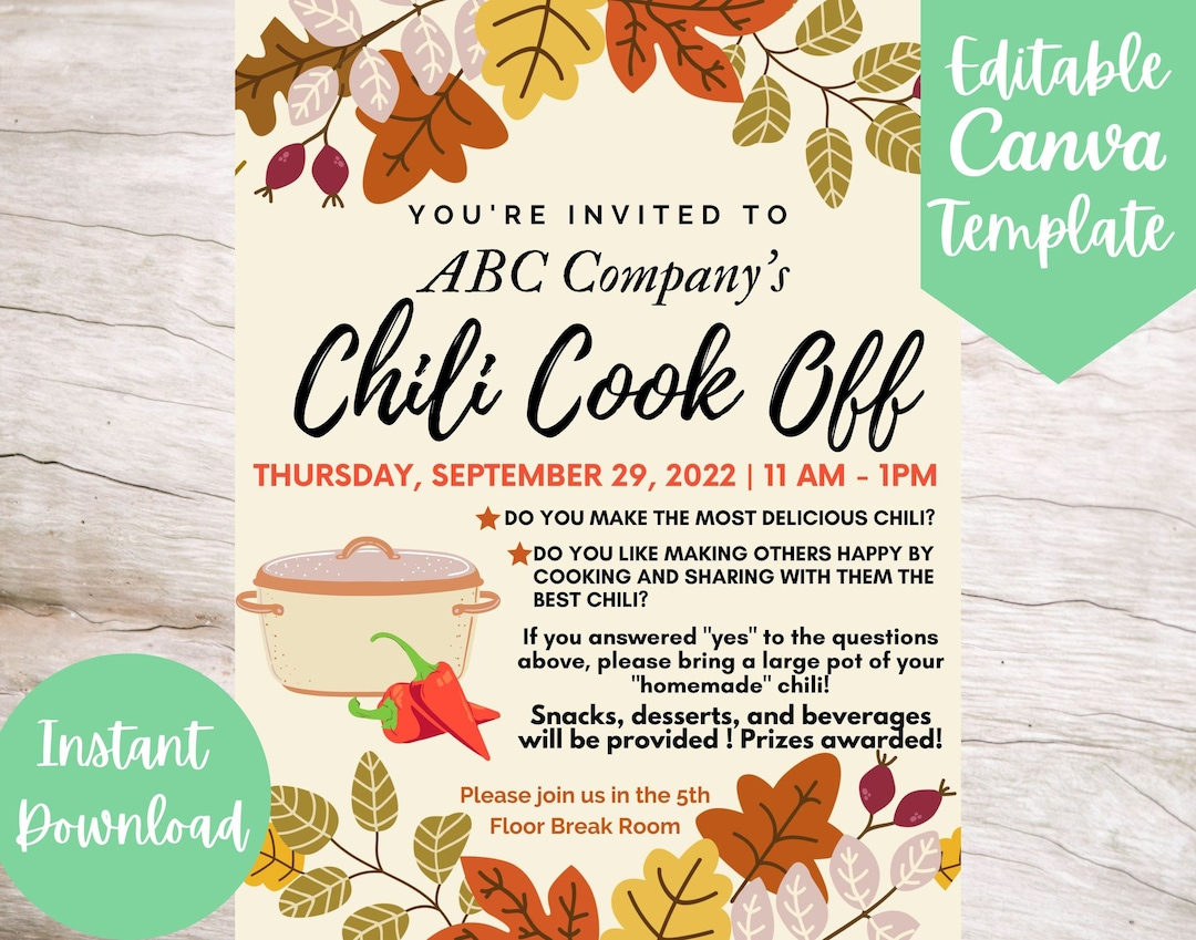 Editable And Printable Office Chili Cook Off Invitation Flyer throughout Printable Chili Cook Off Flyer Template Free