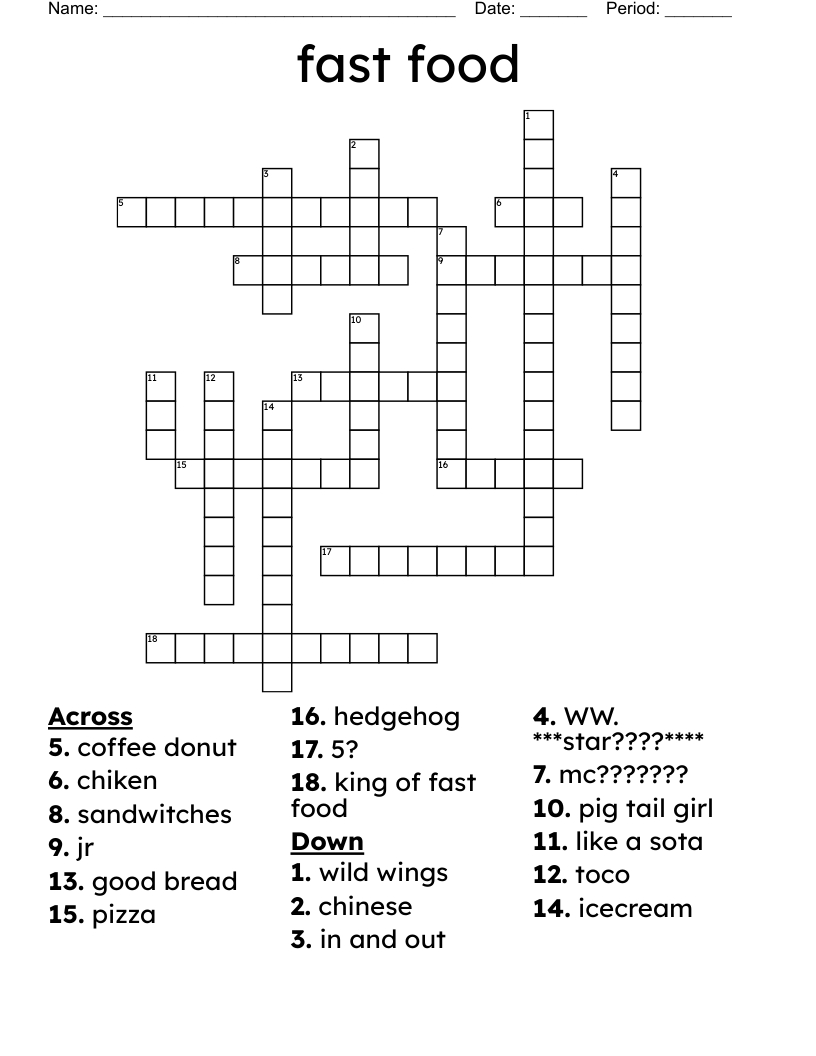 Fast Food Crossword - Wordmint with Food Crossword Puzzles Printable