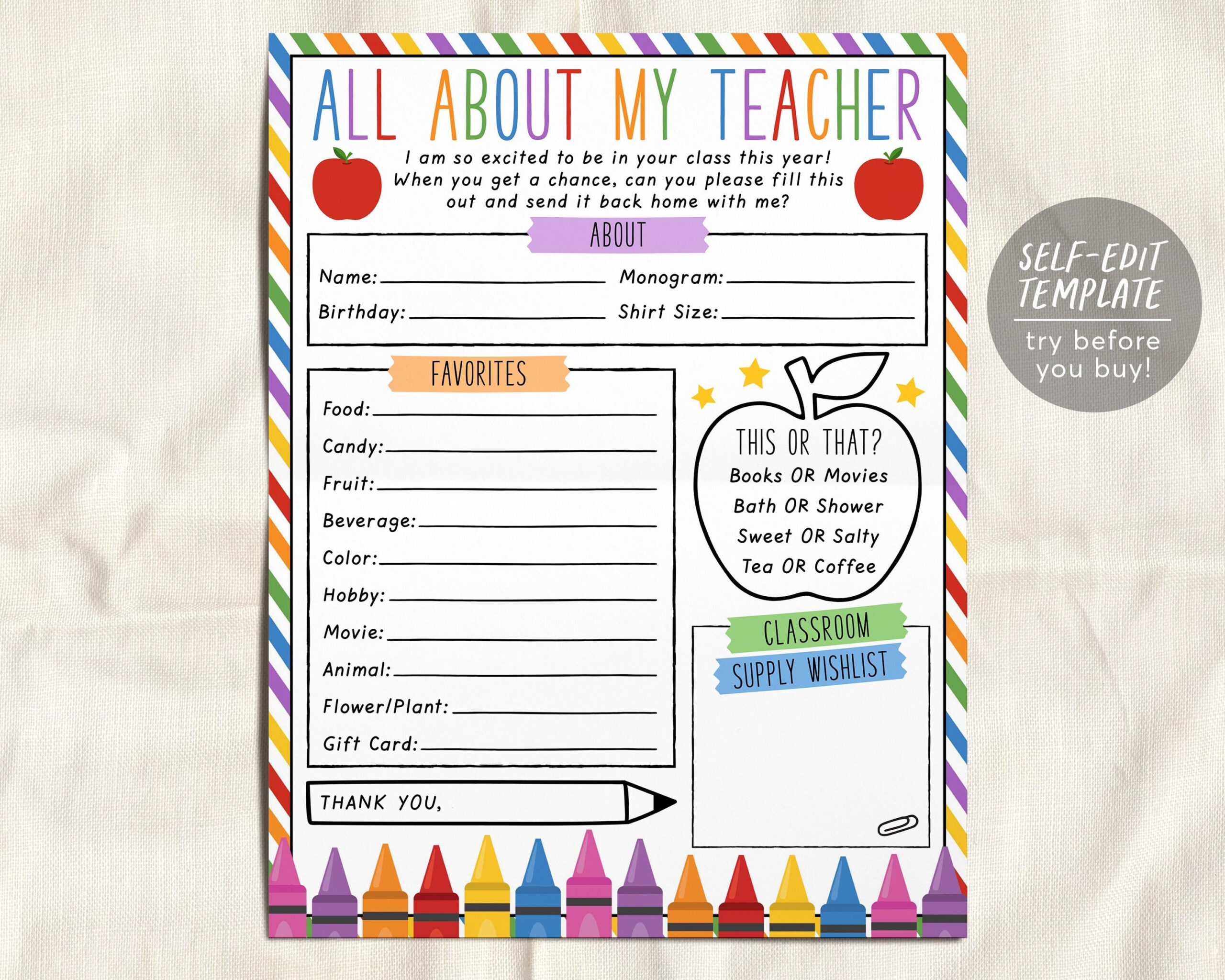 Favorites Teacher Survey Editable Template, Getting To Know My regarding Getting to Know My Teacher Printable