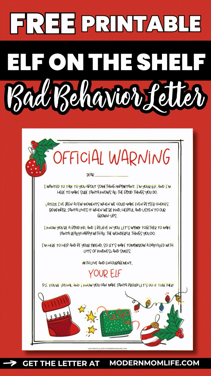 Free Elf On The Shelf Bad Behavior Letter for Elf Warning Letter Free Printable