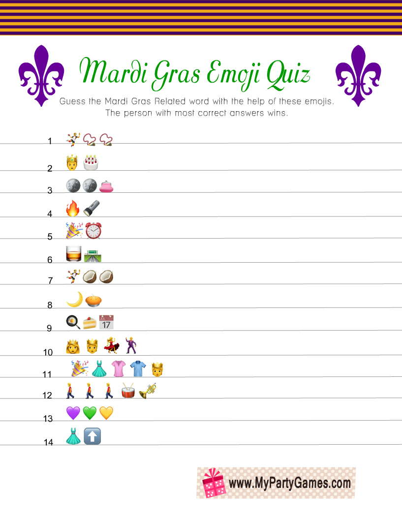 Free Printable Mardi Gras Emoji Quiz With Answer Key regarding Free Printable Mardi Gras Games