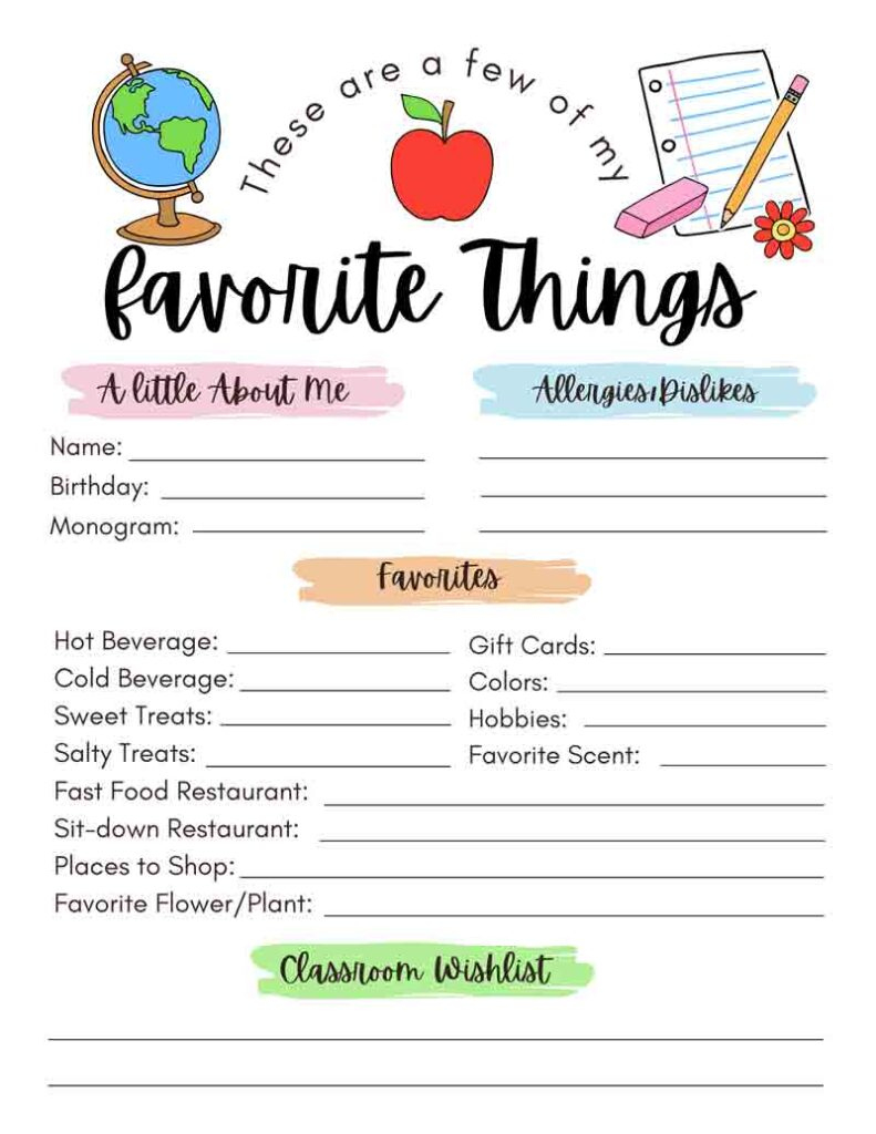 Free! Printable Teacher Favorite Things - Mindymakes throughout Free Printable Teacher Questionnaire