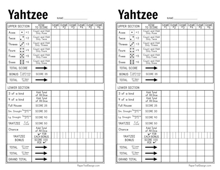 Full Page Free Printable Yardzee Score Card