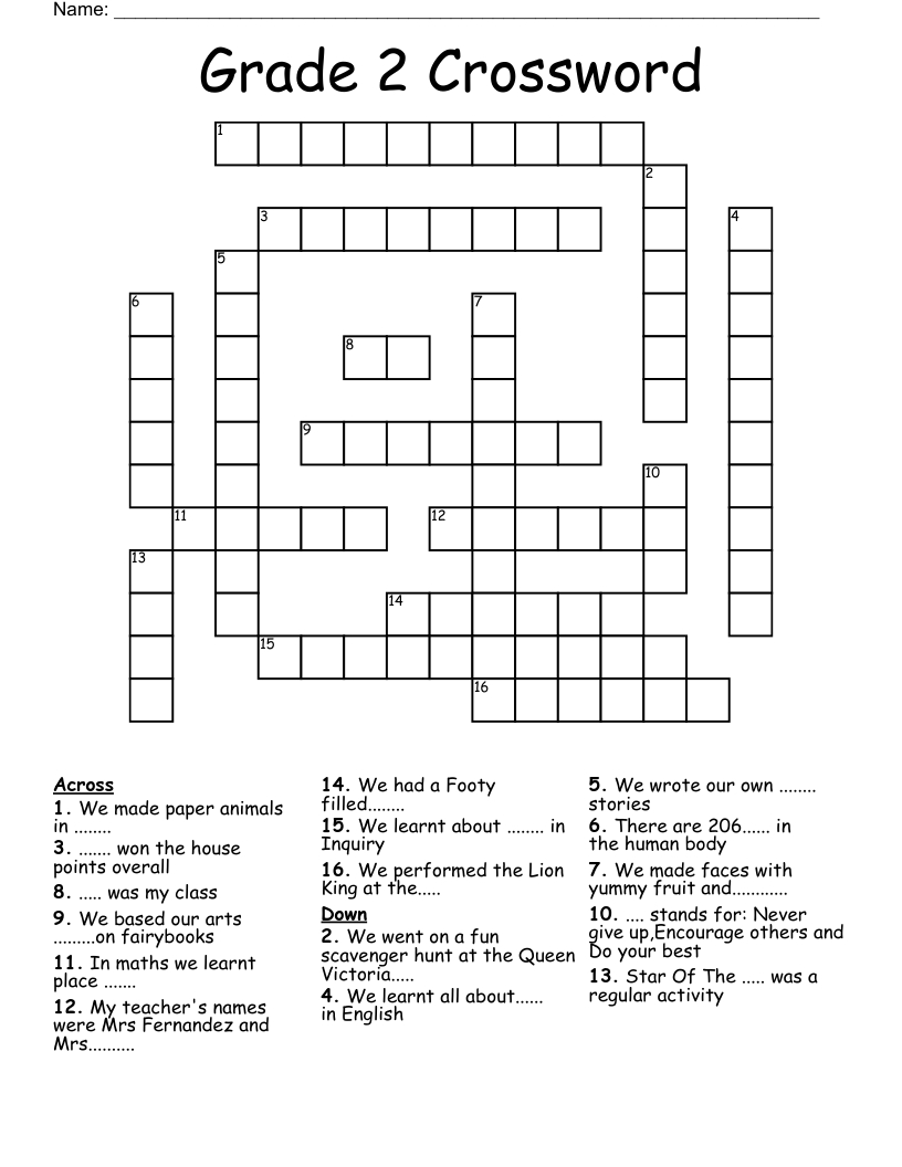 Grade 2 Crossword - Wordmint throughout Free Printable Crossword Puzzles For 2Nd Graders