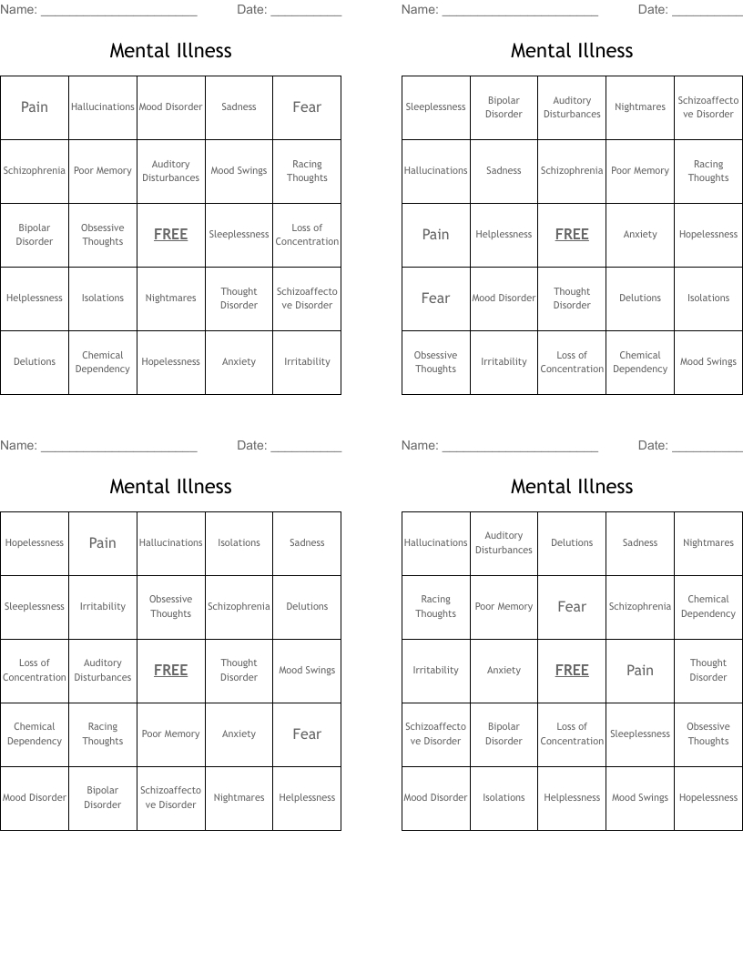 Mental Illness Bingo Cards - Wordmint with regard to Mental Illness Bingo Card