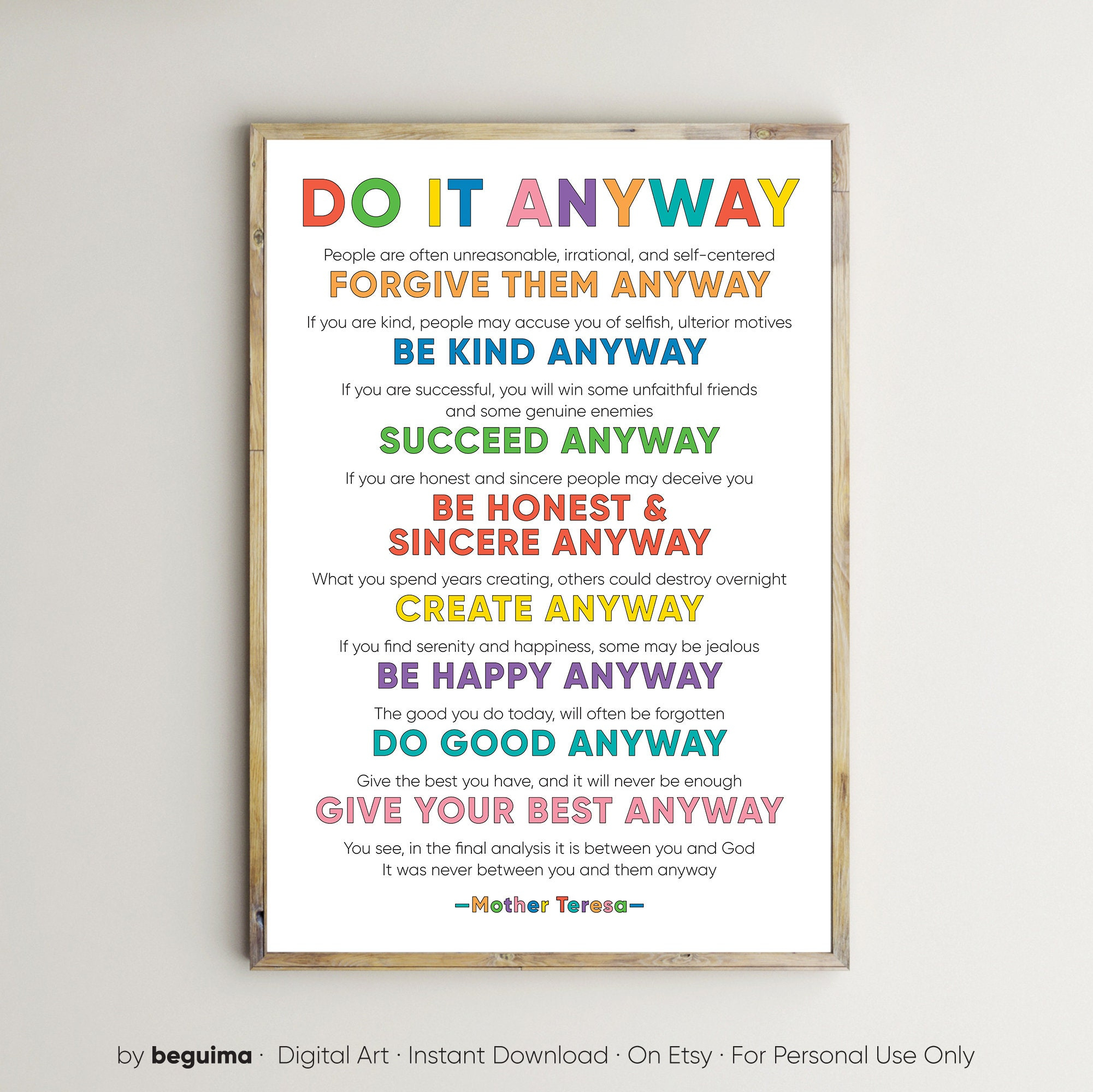 Mother Teresa Print,Do It Anyway,Inspirational Quotes,Poster,Wall in Mother Teresa Quotes Do It Anyway Printable