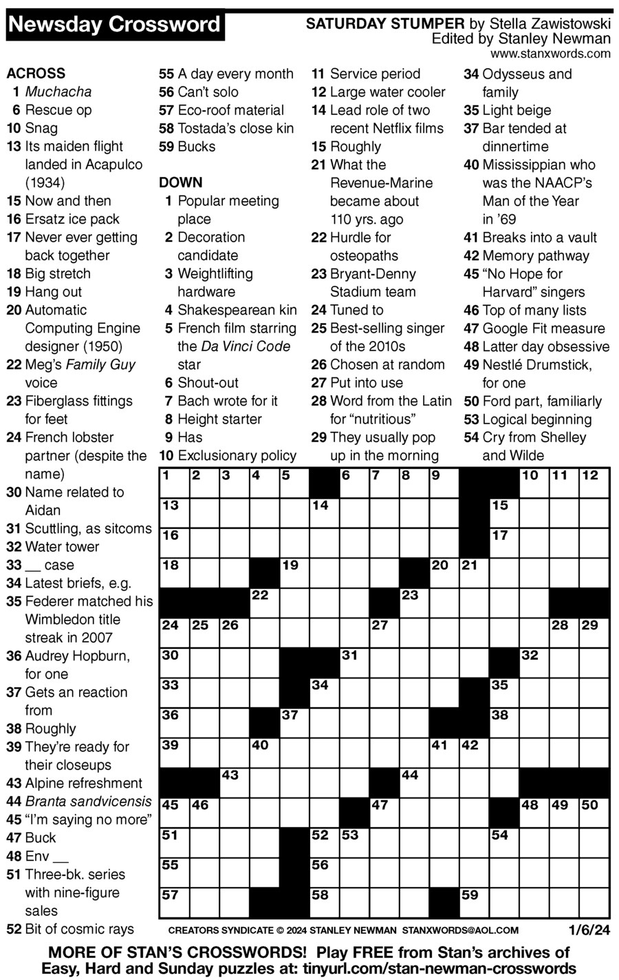 Newsday Crossword Puzzle For Jan 06, 2024,Stanley Newman with regard to Newsday Crossword Solution Today Free Printable