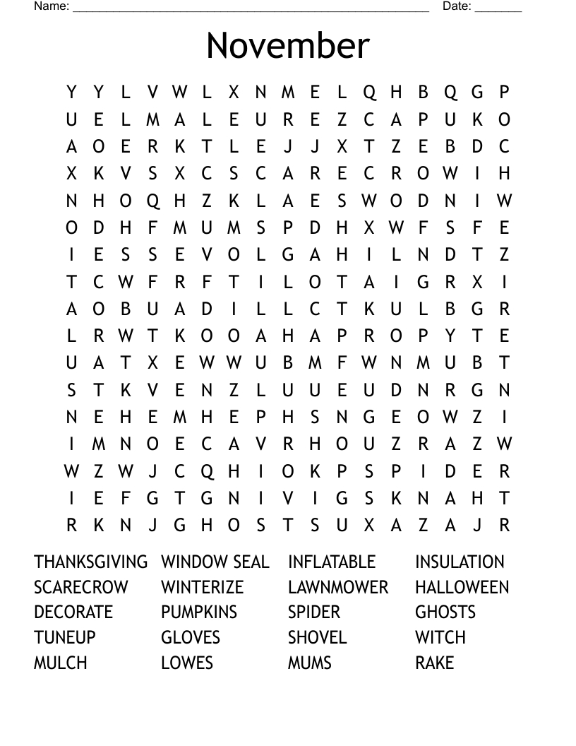 November Word Search - Wordmint in November Word Search Printable