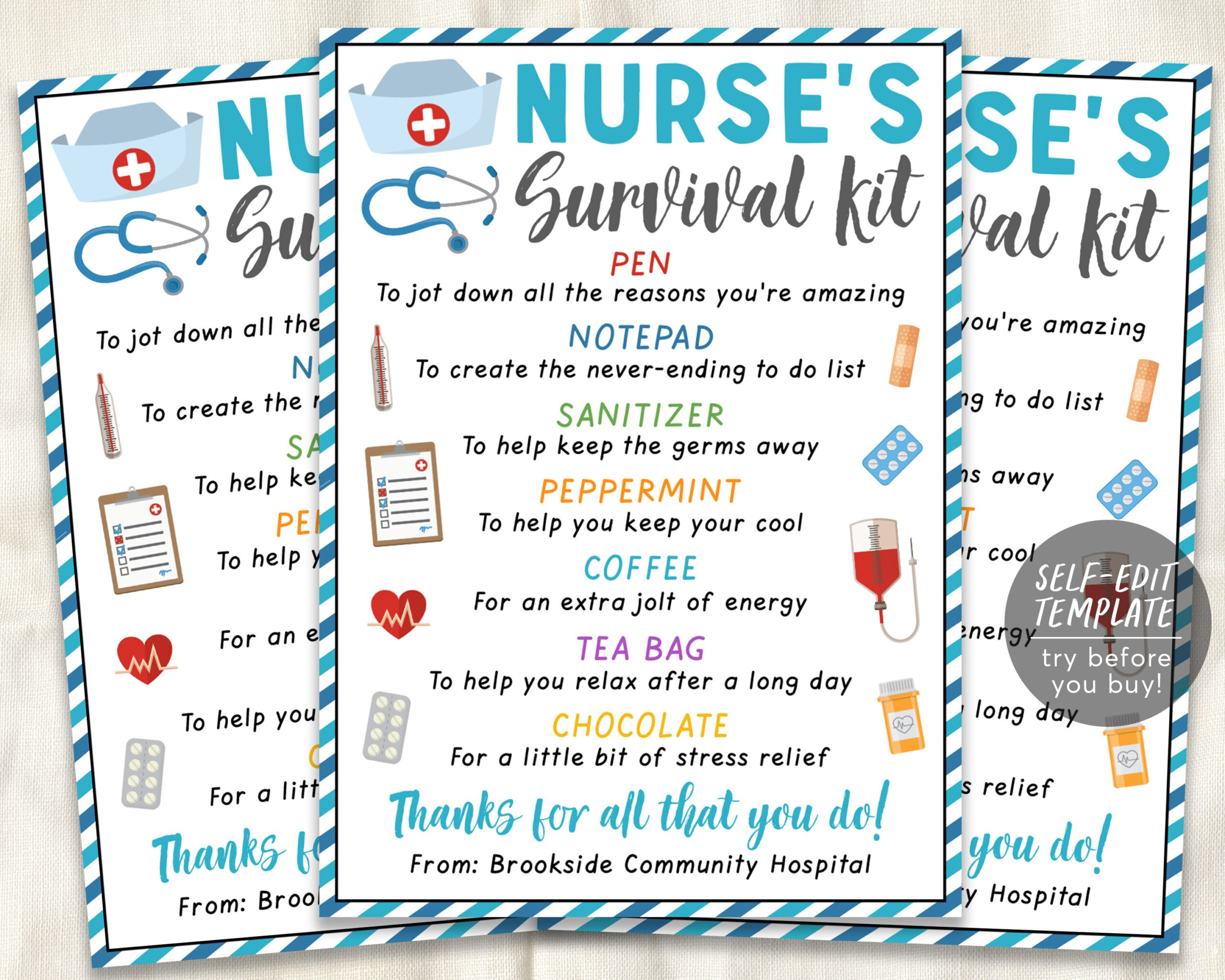Nurse Survival Kit Gift Tags Editable Template, Nurse Appreciation with Free Printable Nurses Week Tags