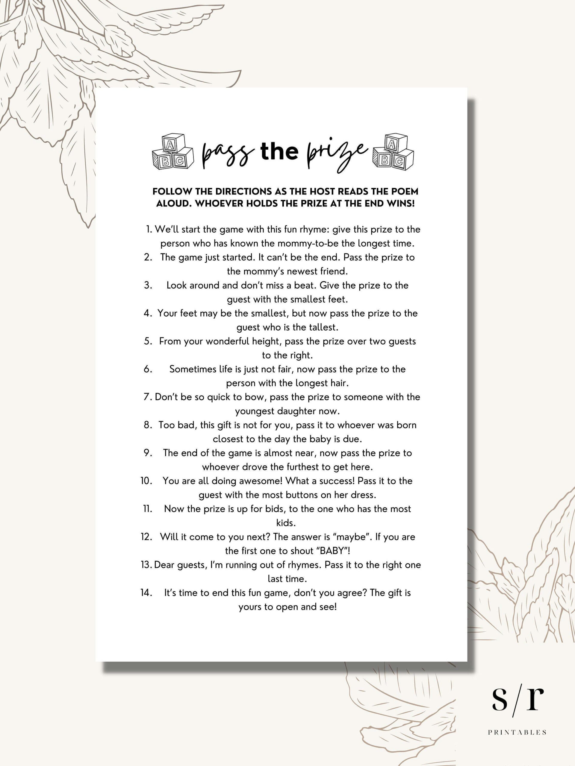 Pass The Prize Poem Game, Printable Baby Shower Games, Minimalist in Printable Pass The Prize Game
