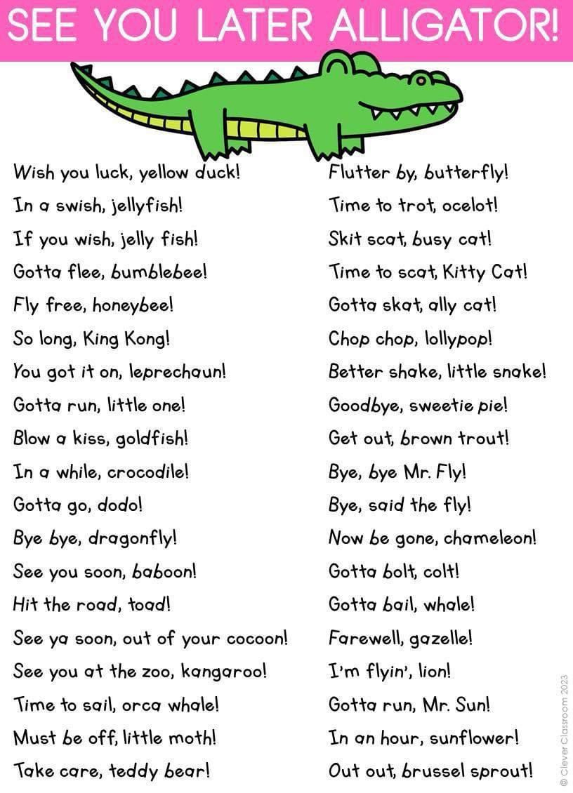 Pin Page within See You Later Alligator Poem Free Printable