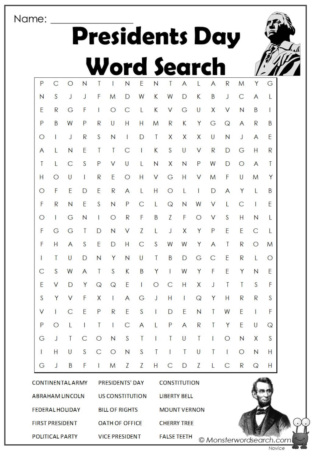 Presidents Day Word Search - Monster Word Search for Presidents Day Word Search Free Printables