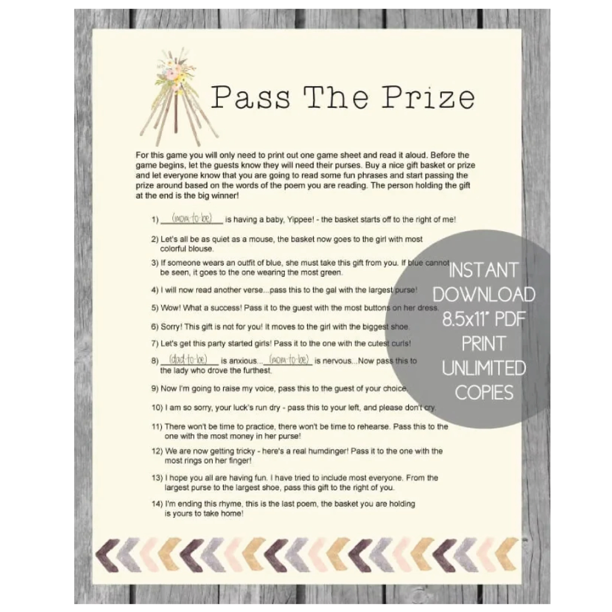 Printable Pass The Prize Baby Shower Game - Boho Tribal Tee Pee Theme pertaining to Printable Pass The Prize Game