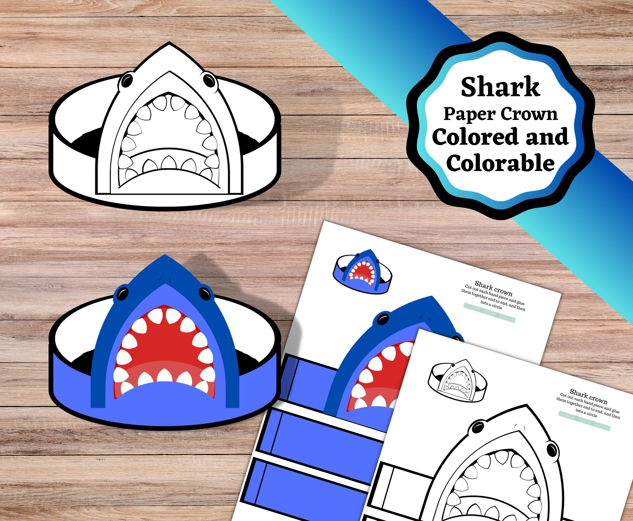 Printable Shark Crowns, Colored And Colorable Versions. Shark with Shark Paper Crown Printable Free