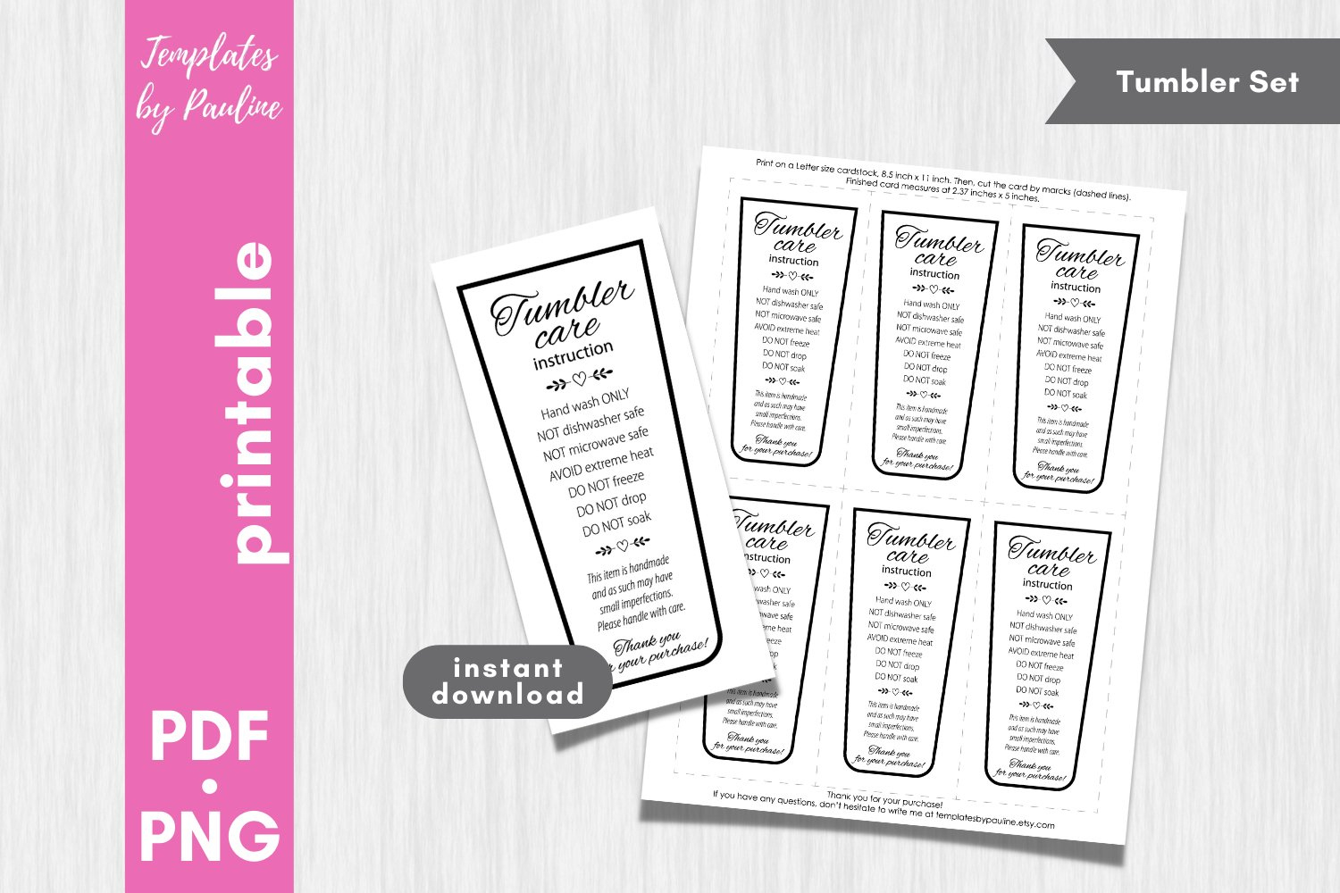Printable Sublimation Tumbler Care Card. Hand Wash Only Tag. throughout Tumbler Care Instructions Printable Free