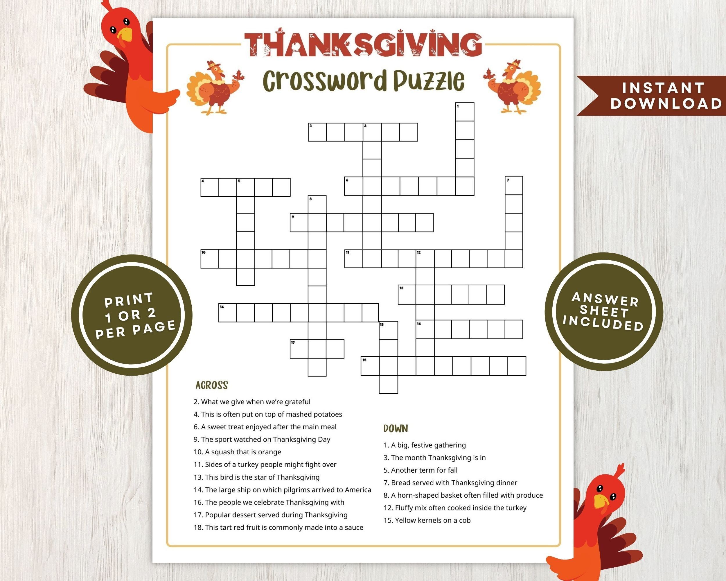 Printable Thanksgiving Crossword Puzzle For Kids And Adults in Thanksgiving Crossword Printable