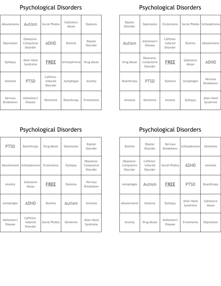 Mental Illness Bingo Card