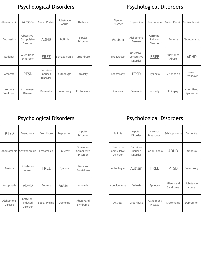 Psychological Disorders Bingo Cards - Wordmint in Mental Illness Bingo Card