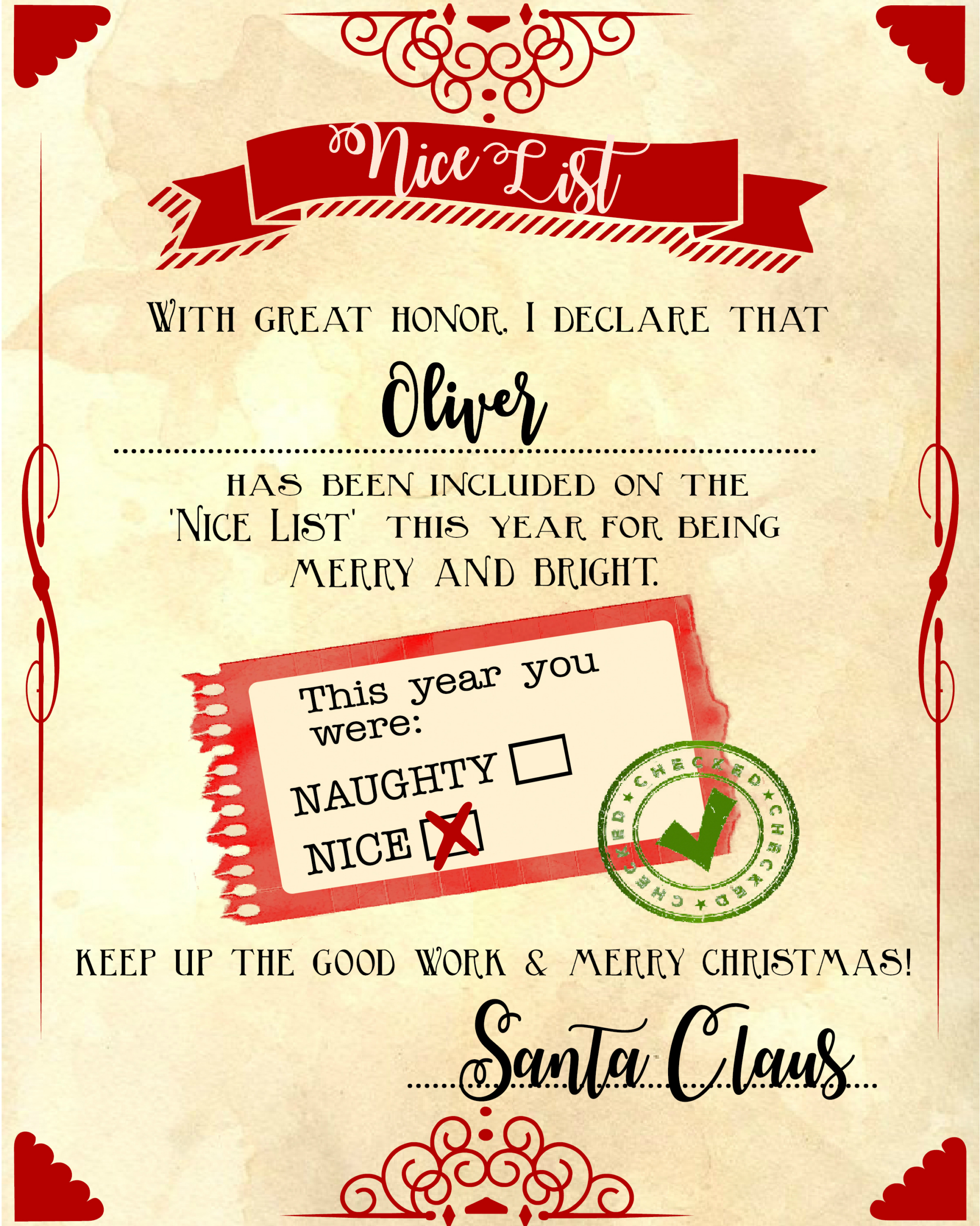 Santa &amp;quot;Nice List&amp;quot; Free Printable Certificate with regard to Nice List Certificate Free Printable