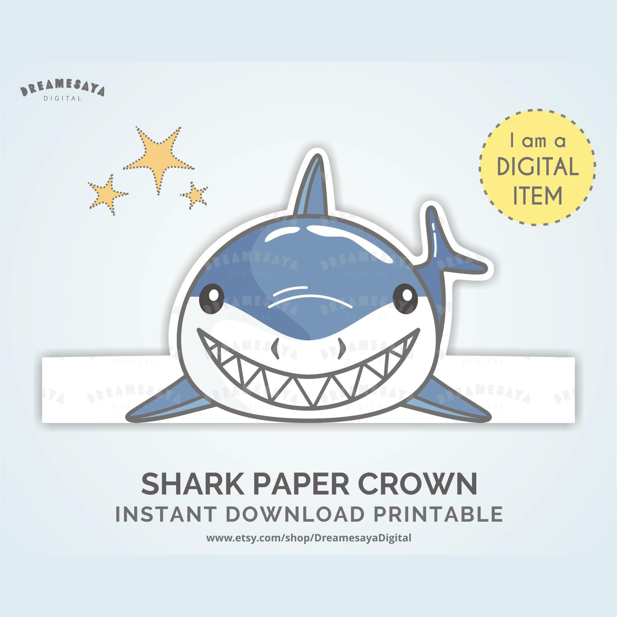 Shark Paper Crown Pdf Printable Headpiece Jpg Kids Party Supply - Etsy in Shark Paper Crown Printable Free