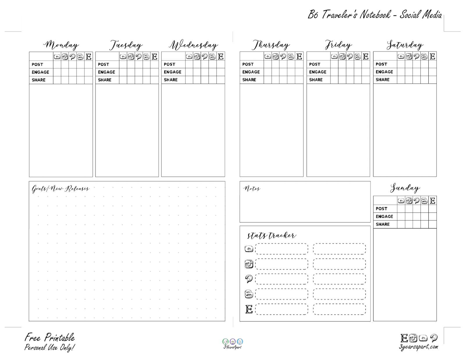 Social Media Planner Inserts | Free Printable For Traveler&amp;#039;S throughout Free Printable Traveler&amp;#039;S Notebook Inserts