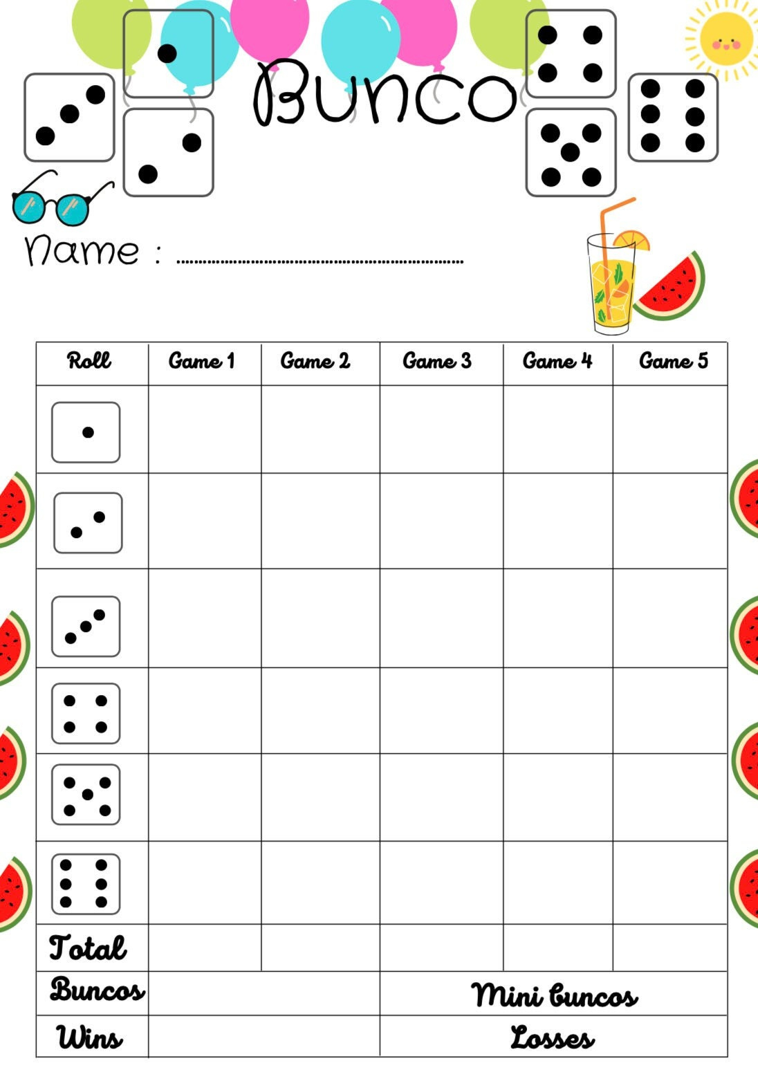 Summer Bunco Score Card - Bunco Scoresheet - Bunco Score Pads for Free Printable Bunco Score Sheets Summer