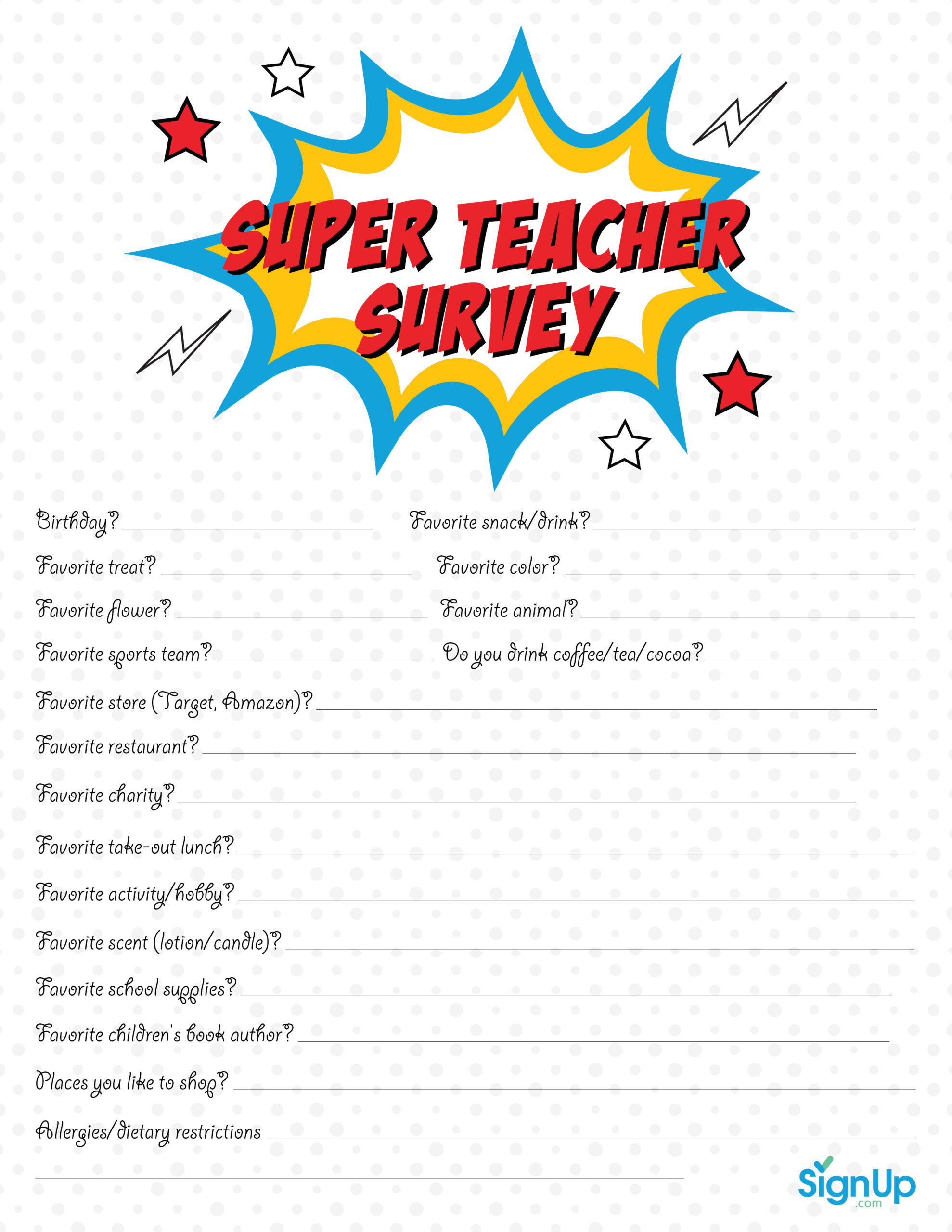 Teacher Survey: Free Downloadable Room Parent Resource | Signup for Teacher Questionnaire Free Printable