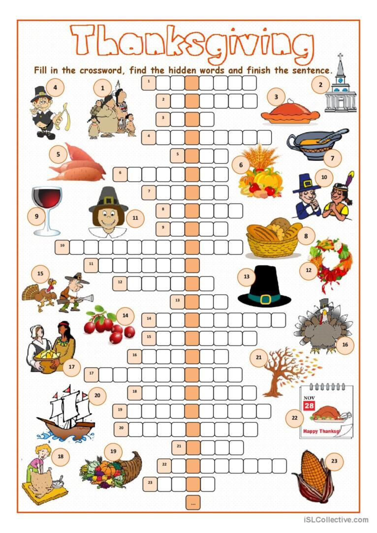 Thanksgiving Crossword Puzzl…: English Esl Worksheets Pdf &amp;amp; Doc in Thanksgiving Crossword Printable