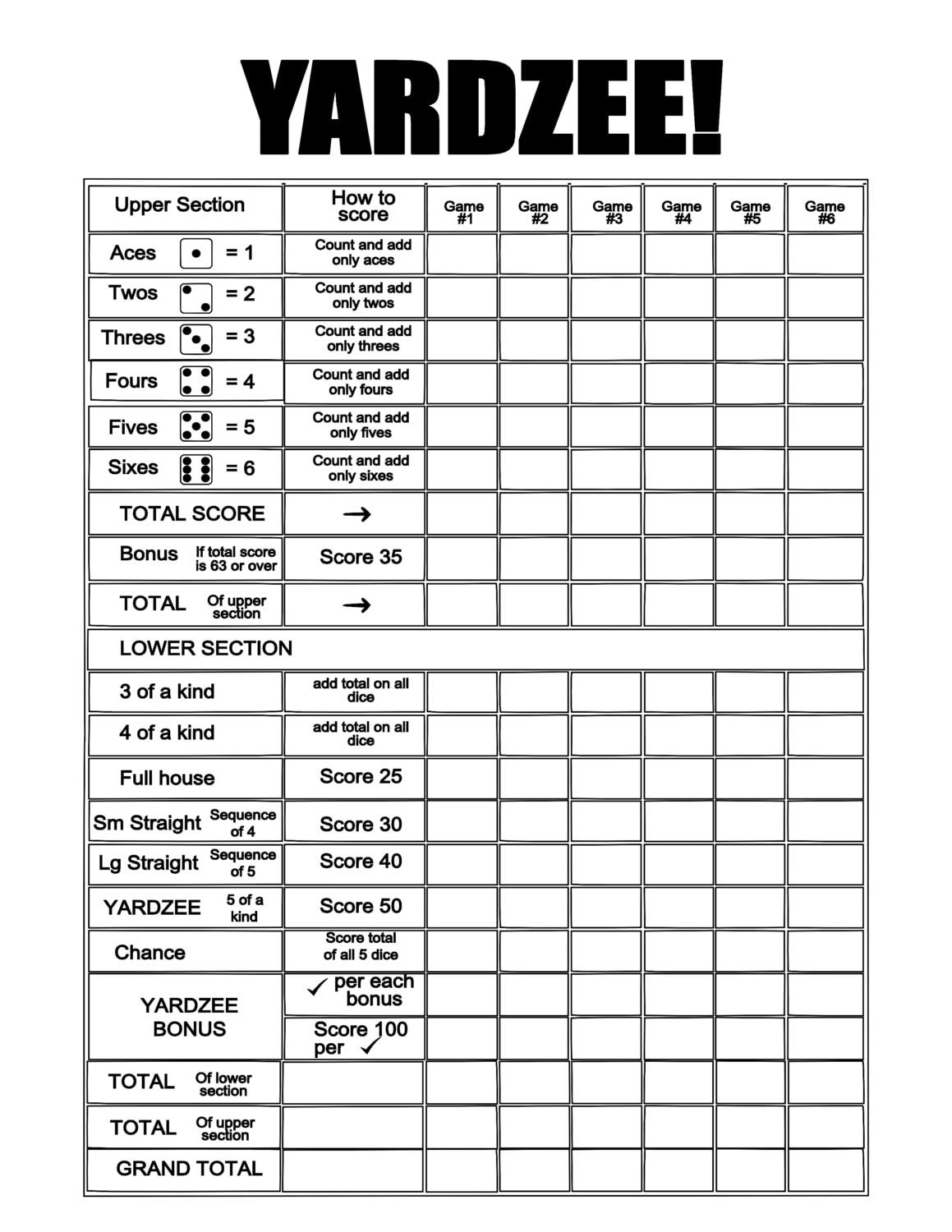 Yahtzee Score Cards Printable | Family Reunion Helper in Full Page Free Printable Yardzee Score Card