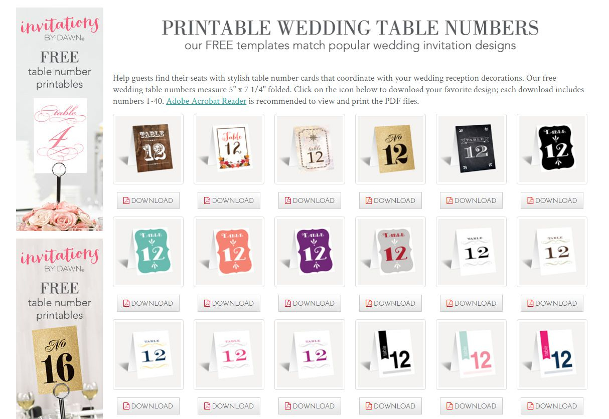 10 Sets Of Free, Printable Wedding Table Numbers for Template Free Printable Table Numbers 1 40