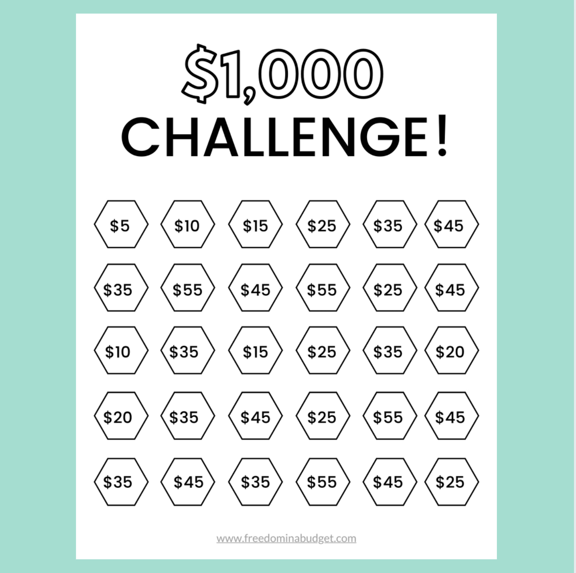 $1,000 Challenge Printable! for 1000 Savings Challenge Free Printable