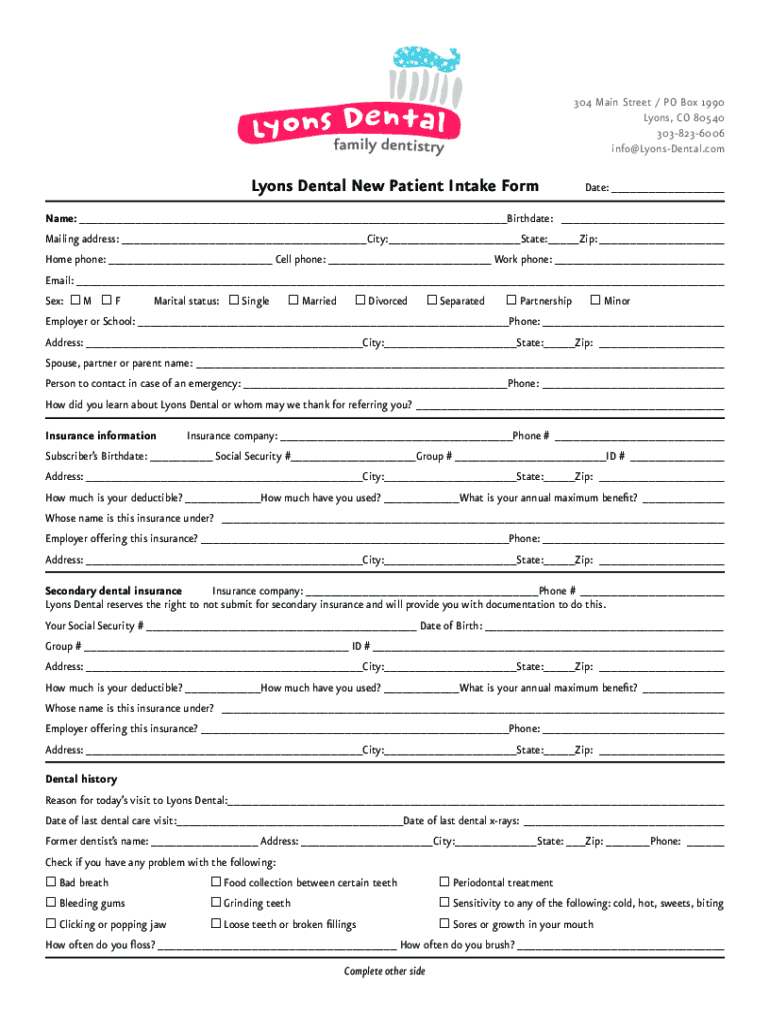 2014-2025 Lyons Dental New Patient Intake Form Fill Online intended for Free Printable New Patient Dental Forms