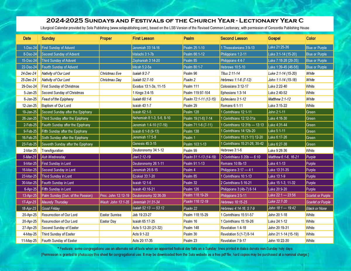 2025 Liturgical Calendar (Year C) K-2025 | Sola Publishing with regard to Free Printable Catholic Calendar 2025